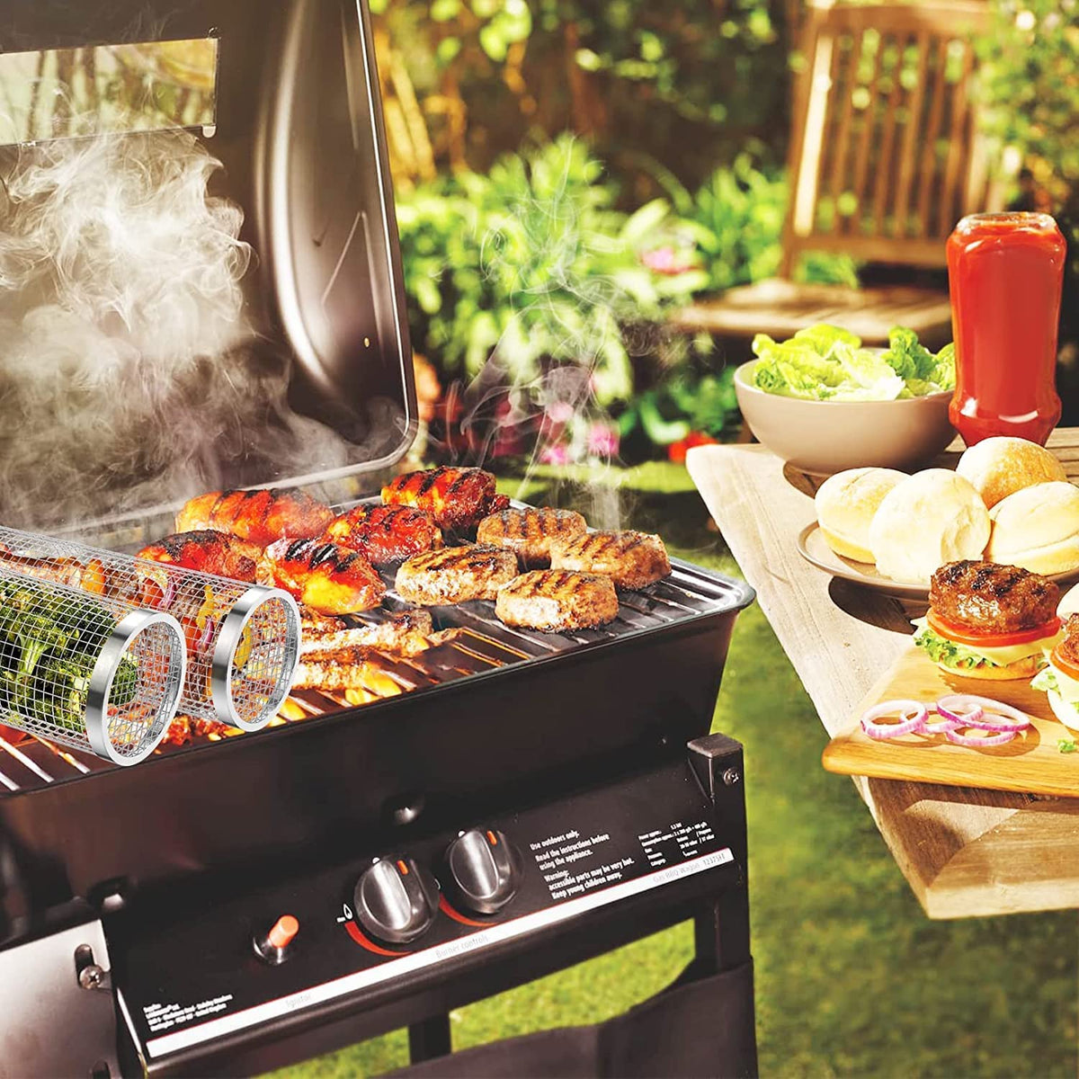 Mancola BBQ Net Tube Rolling Basket ideal for camping or tailgating meals.