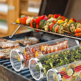 Mancola BBQ Net Tube Rolling Basket dishwasher safe for easy cleanup.
