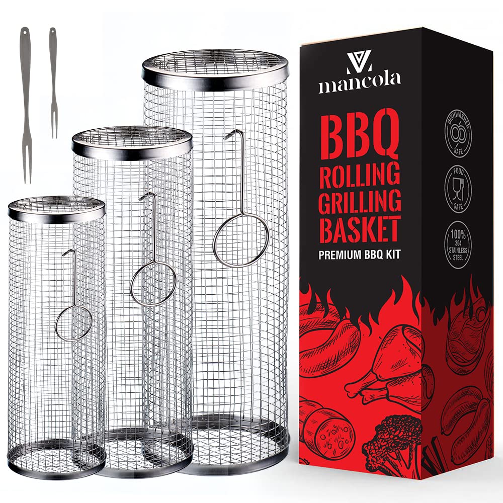 Mancola BBQ Net Tube Rolling Basket empty, ready to be filled for grilling.