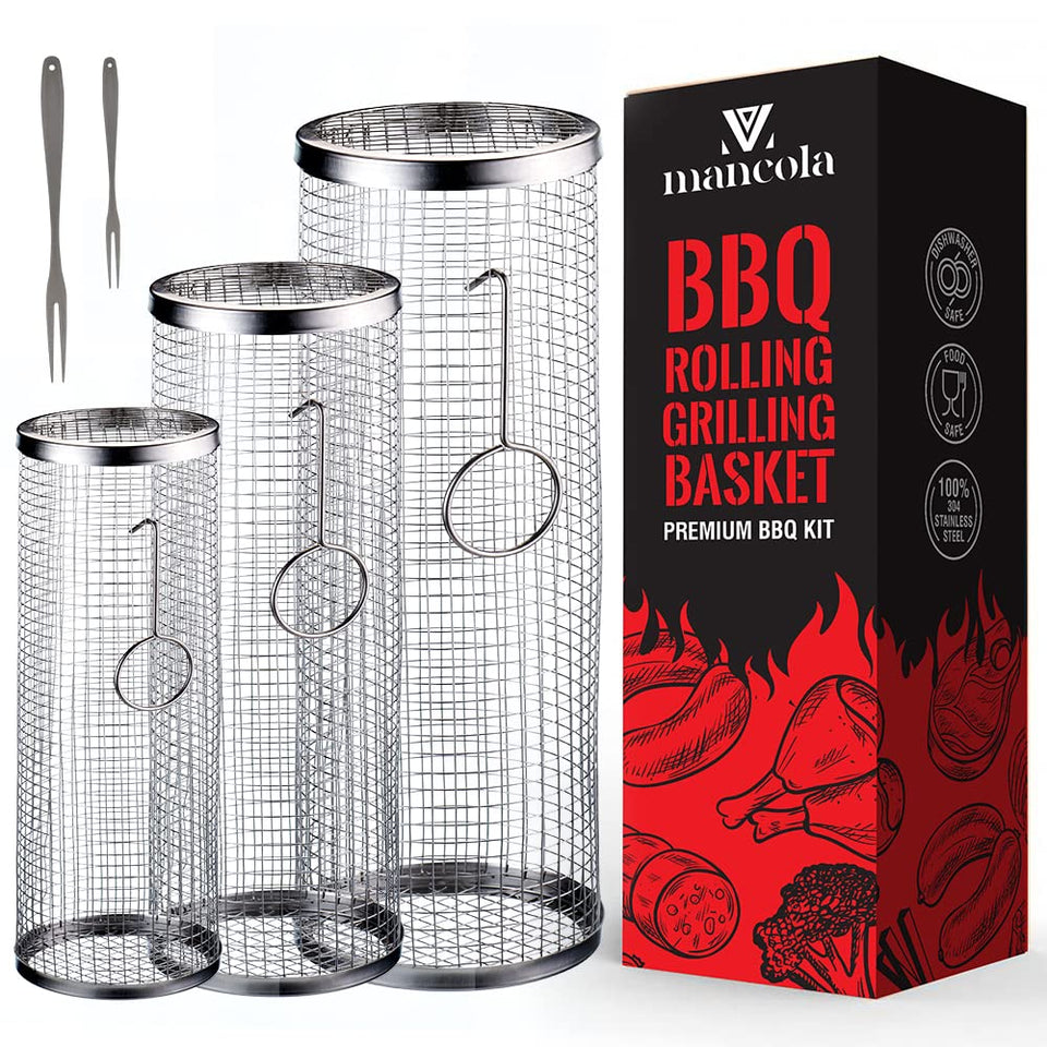 Mancola BBQ Net Tube Rolling Basket empty, ready to be filled for grilling.