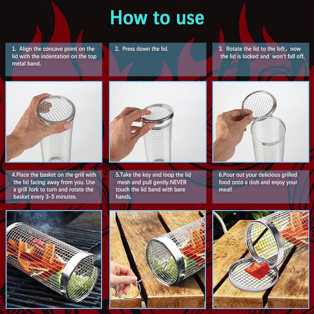 Mancola BBQ Net Tube Rolling Basket cooking French fries for crisp, even results.