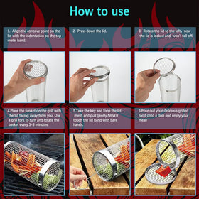 Mancola BBQ Net Tube Rolling Basket cooking French fries for crisp, even results.