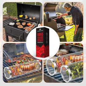 Mancola BBQ Net Tube Rolling Basket preloaded for picnic prep and fridge storage.