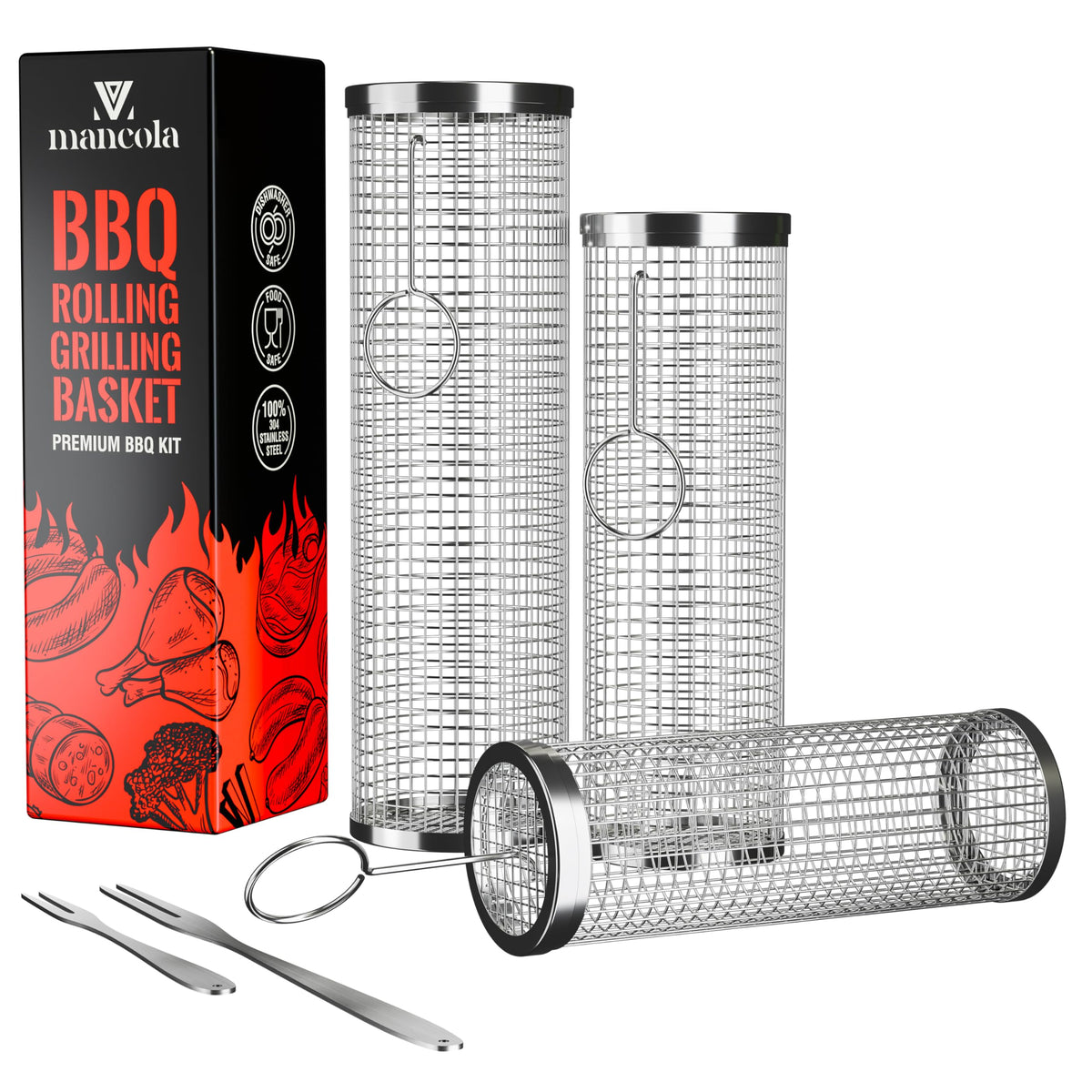 Mancola BBQ Net Tube Rolling Basket grilling salmon for smoky flavor.