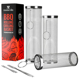 Mancola BBQ Net Tube Rolling Basket grilling salmon for smoky flavor.