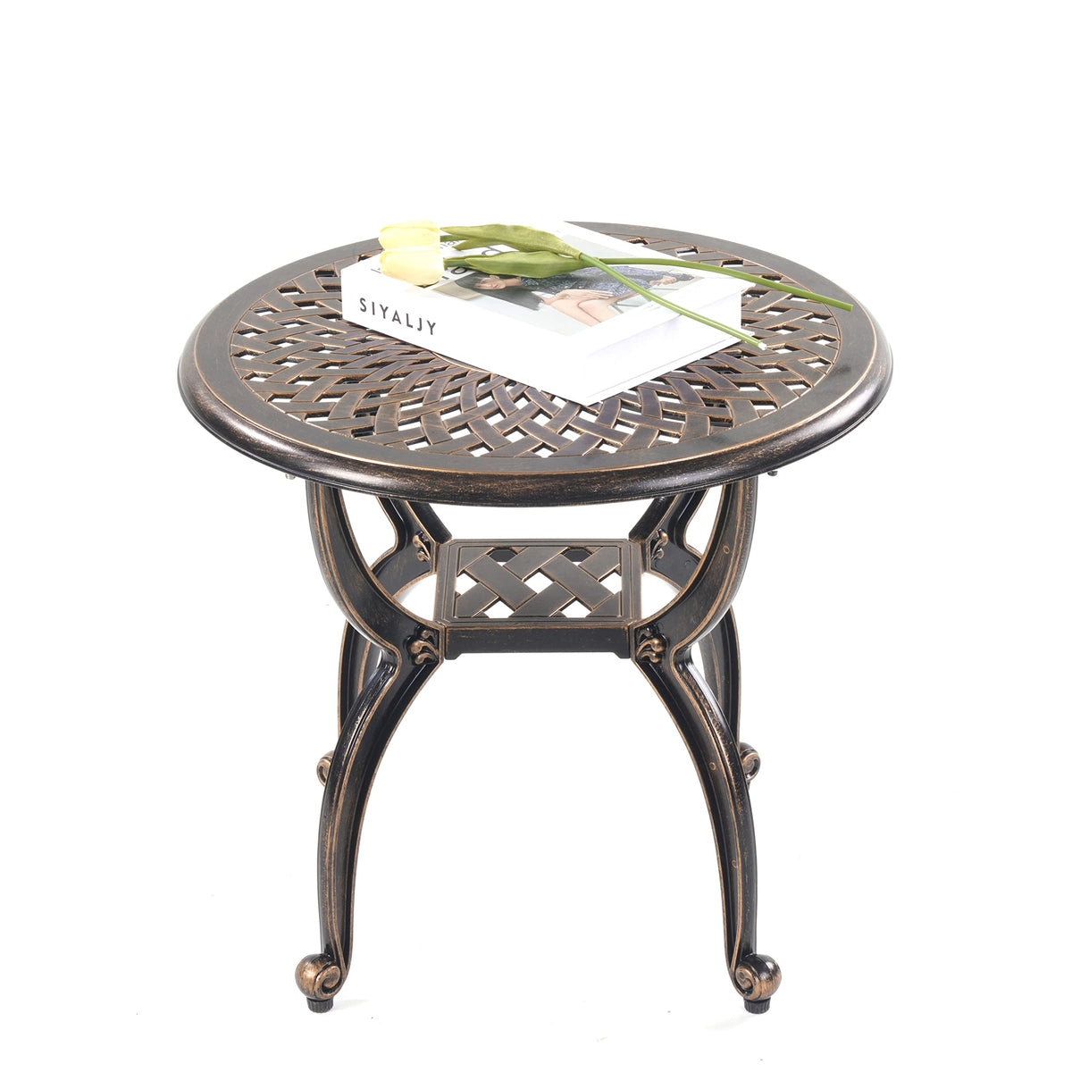 Mandolin outdoor side table with round copper top, weather resistant and sturdy.
