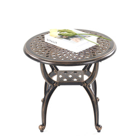 Mandolin outdoor side table with round copper top, weather resistant and sturdy.