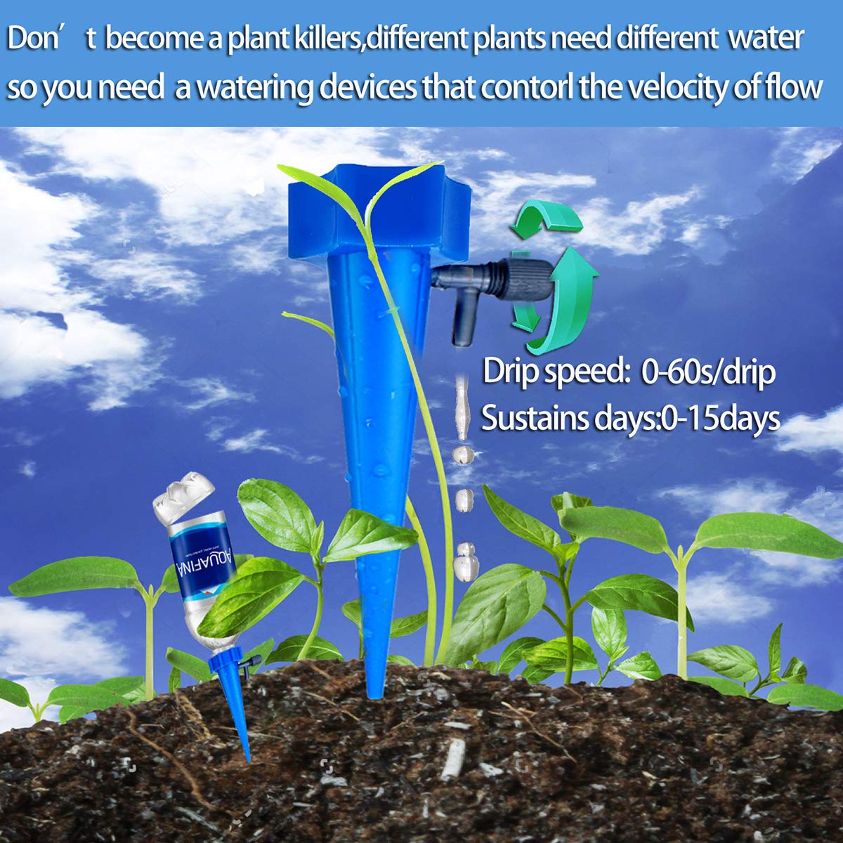 Mangoit self-watering spike adjustable-flow demonstrates variable water release