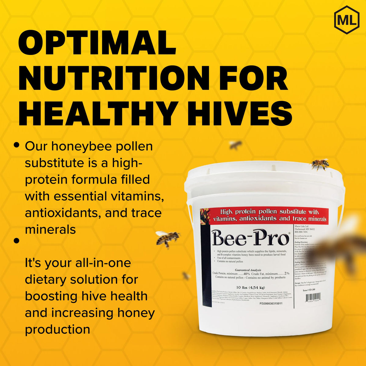 Close-up of FD200 label showing vitamin-rich pollen substitute benefits