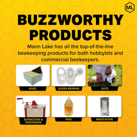 Bottle beside bees evokes calm, healthy hive routine with Mann Lake Pro Health supplement.