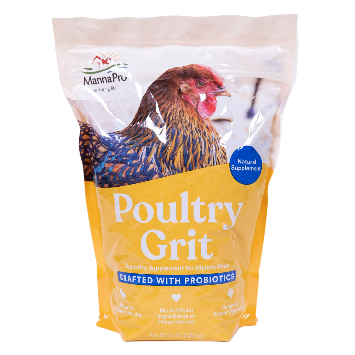 Manna Pro chicken grit with probiotics in bag supports digestion.