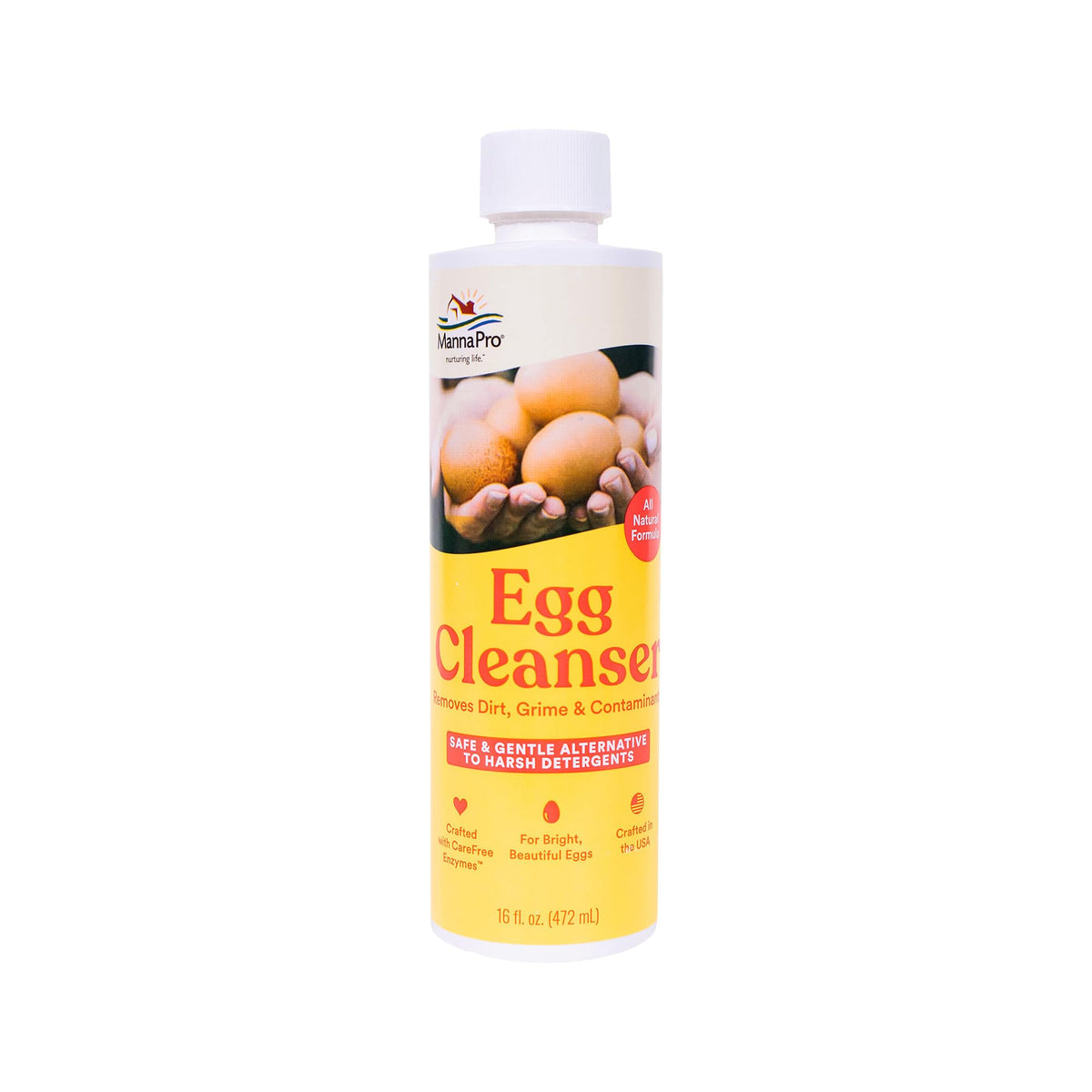 Manna Pro Egg Cleanser bottle shown for safe, gentle egg cleaning.