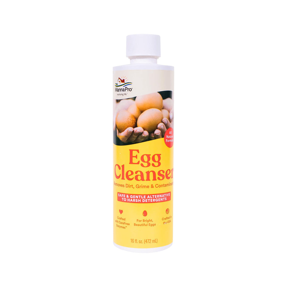 Manna Pro Egg Cleanser bottle shown for safe, gentle egg cleaning.