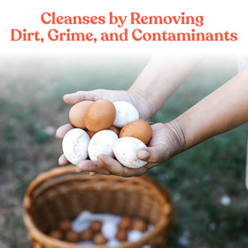 Manna Pro Egg Cleanser with eggs before cleaning to remove surface residue.