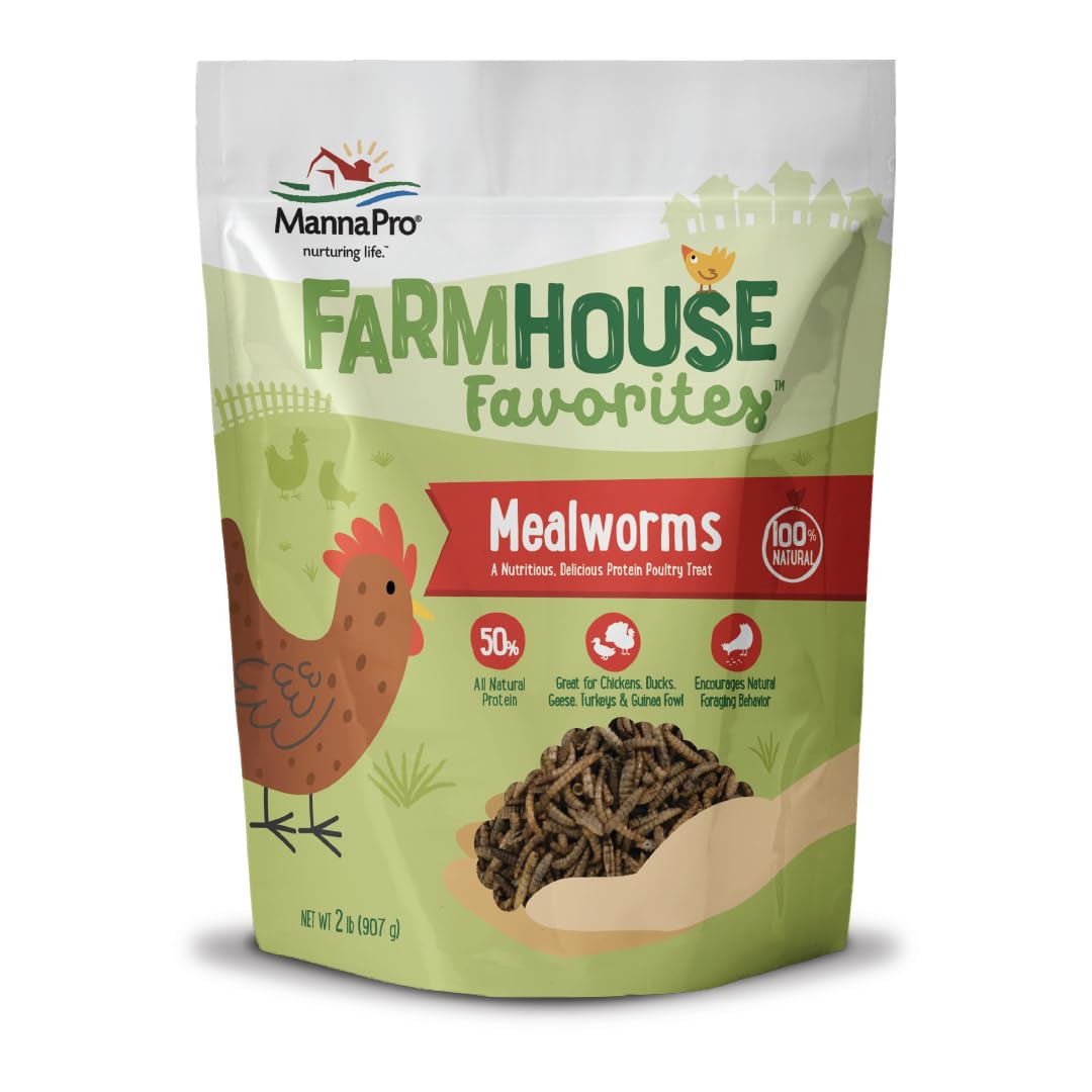 Manna Pro Farmhouse Favorites Mealworms in a bag offer a protein-rich poultry treat.