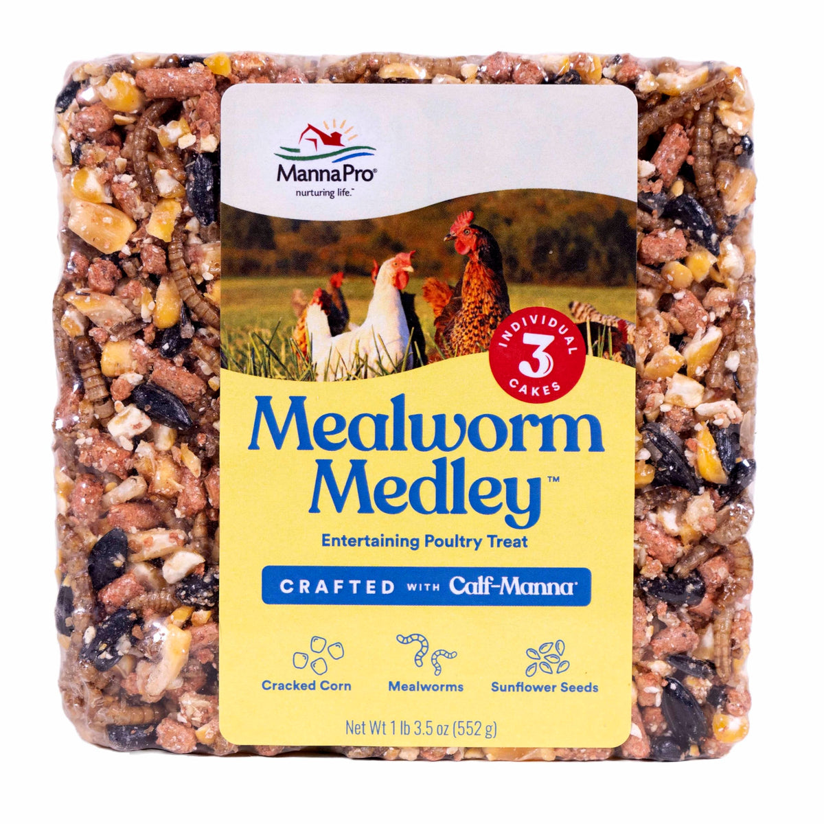 Manna Pro Mealworm Medley Cake packaging highlights a high-protein backyard bird snack.