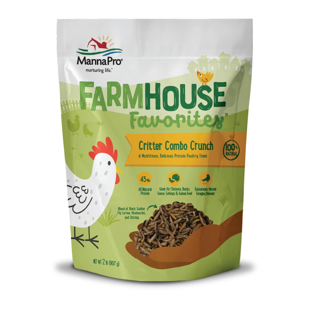 Manna Pro Farmhouse Favorites Critter Combo Crunch bag showing a high-protein poultry treat option.