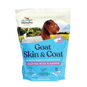 Manna Pro Goat Skin & Coat supplement bottle promotes skin health and coat shine.