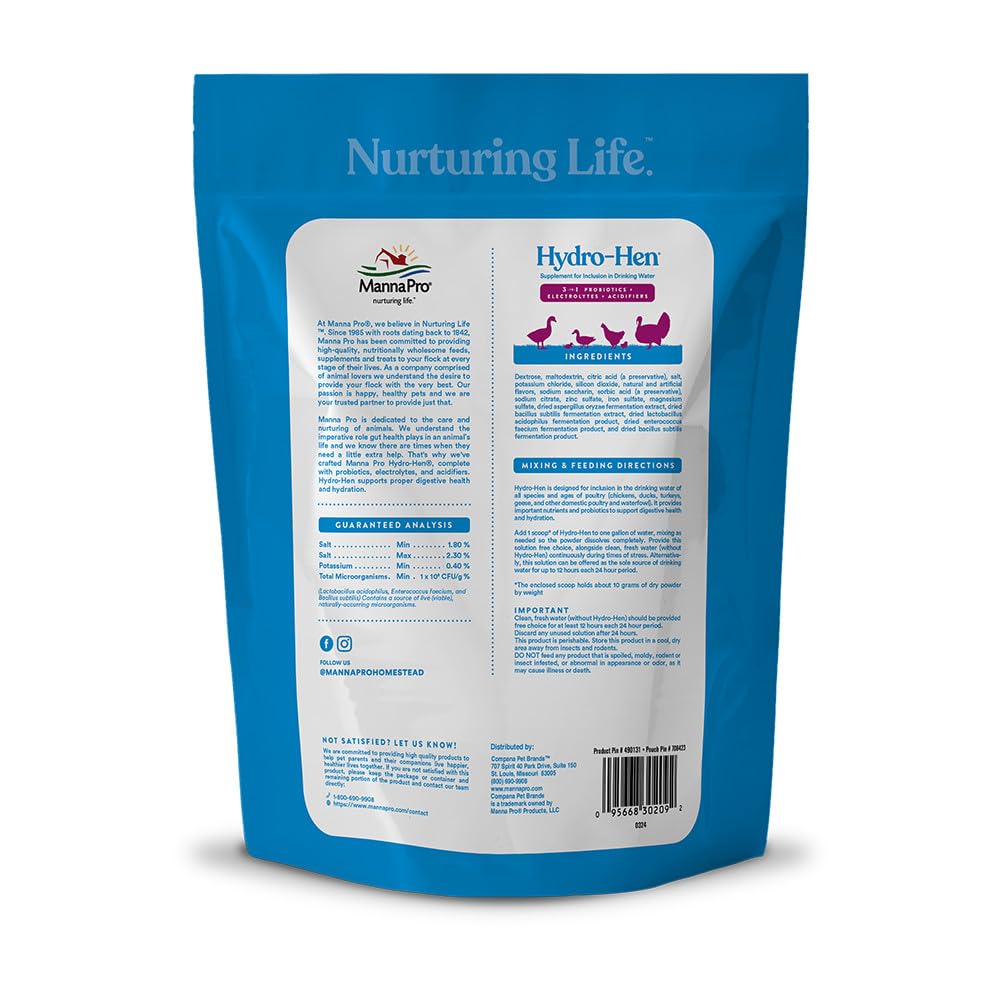 Manna Pro Hydro-Hen 8 oz size is ideal for small flocks or trial use