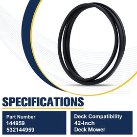 Mannial 144959 shown beside compatibility chart covering multiple mower models