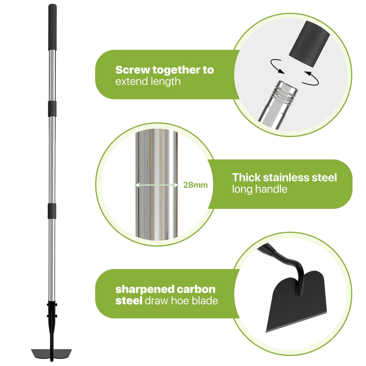 MANXRKUI Draw Hoe showing easy multi-section pole assembly for setup.