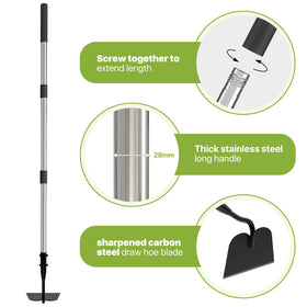 MANXRKUI Draw Hoe showing easy multi-section pole assembly for setup.