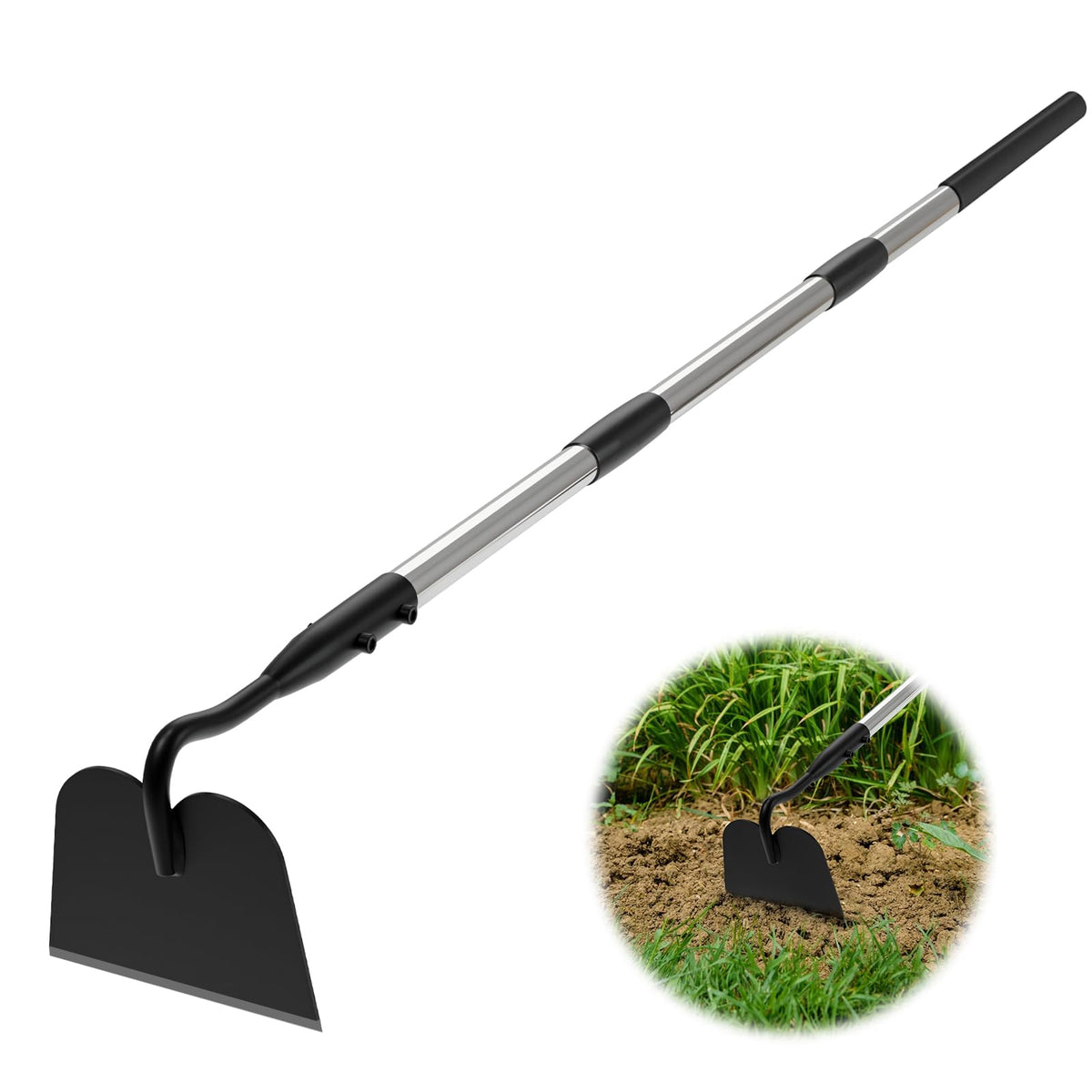 MANXRKUI Draw Hoe with wide blade for quick weeding and soil cutting.