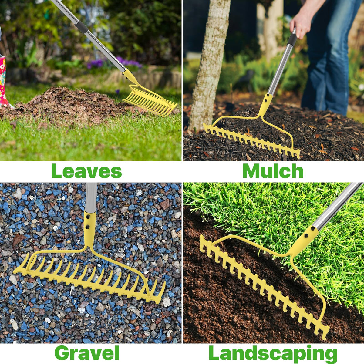 MANXRKUI garden rake-debris-collection aids tidy lawns by gathering leaves and clippings