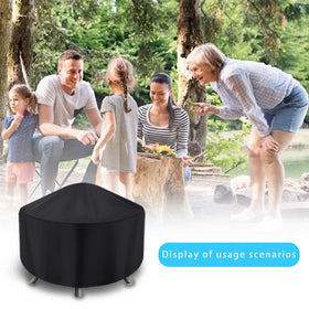 Maobutte round fire pit cover close-up shows heavy-duty fabric and reinforced stitching.