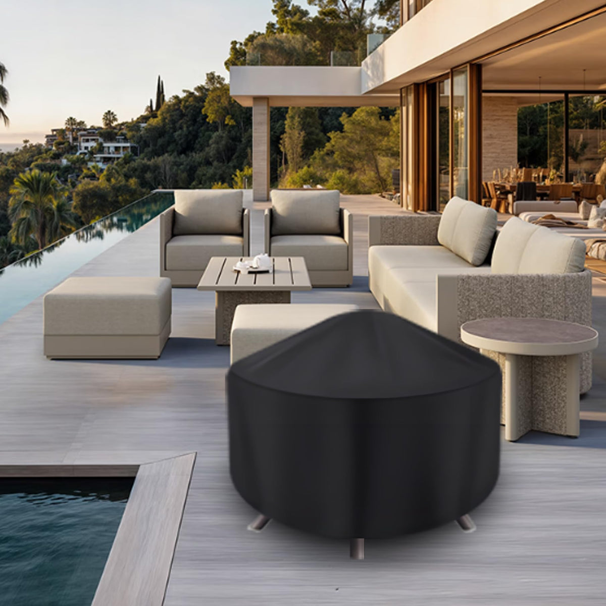 Maobutte round fire pit cover demonstrates universal compatibility.