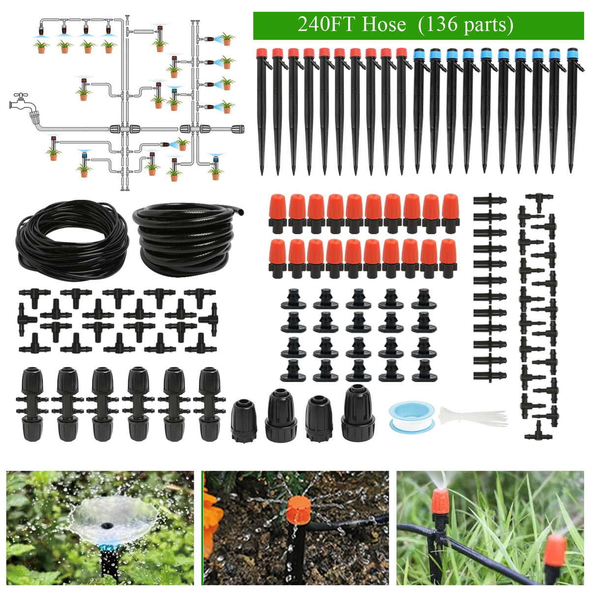 Maotong 240FT drip kit main tubing setup for efficient garden irrigation.