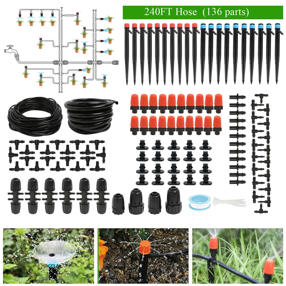 Maotong 240FT drip kit main tubing setup for efficient garden irrigation.