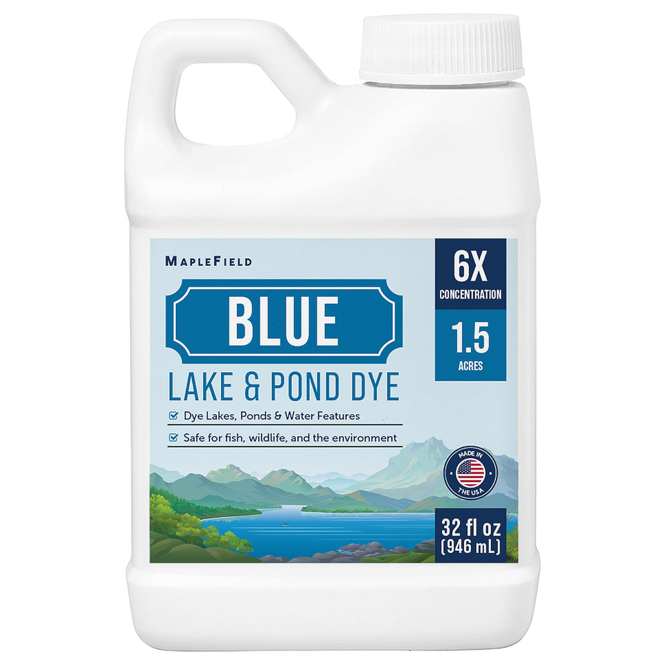 Maplefield blue pond dye edge pour enables quick, vibrant color in garden ponds.