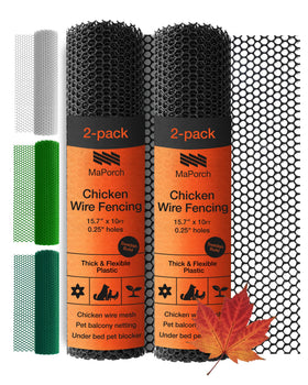 MAPORCH plastic chicken wire fence roll shown for balcony and garden use, durable and discreet.