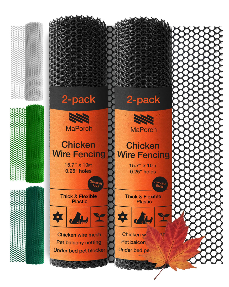MAPORCH plastic chicken wire fence roll shown for balcony and garden use, durable and discreet.