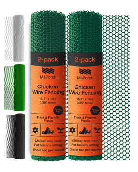 MAPORCH plastic chicken wire fencing in hunter green rolled out across a garden for pet protection