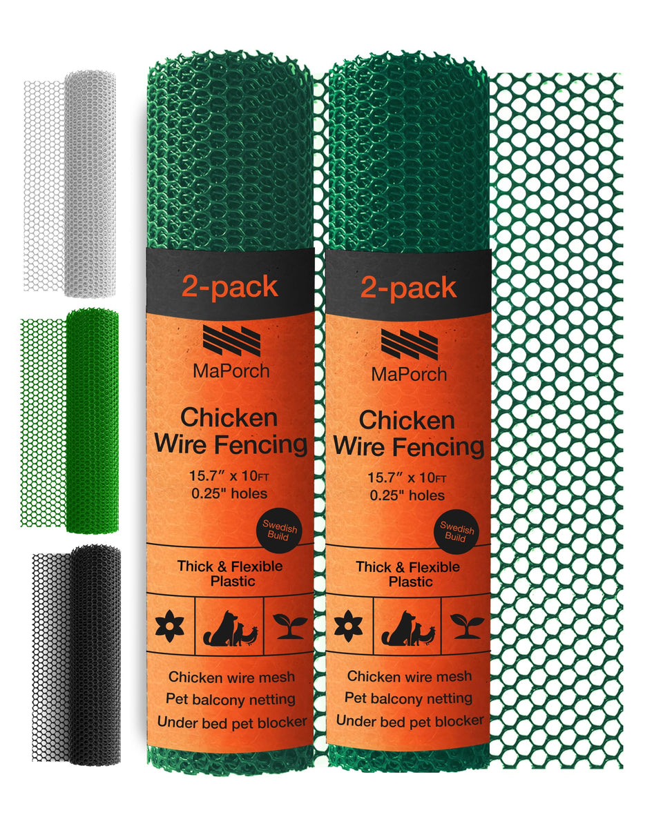 MAPORCH plastic chicken wire fencing in hunter green rolled out across a garden for pet protection