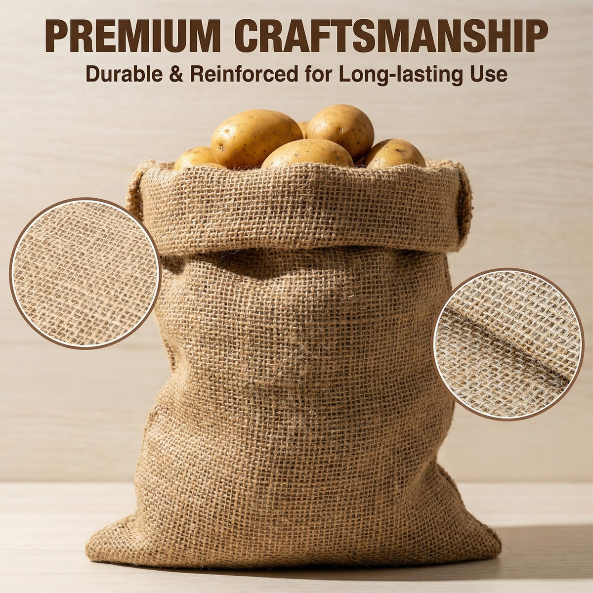 MAQIHAN burlap sack natural jute closeup shows textured fibers and earthy character.