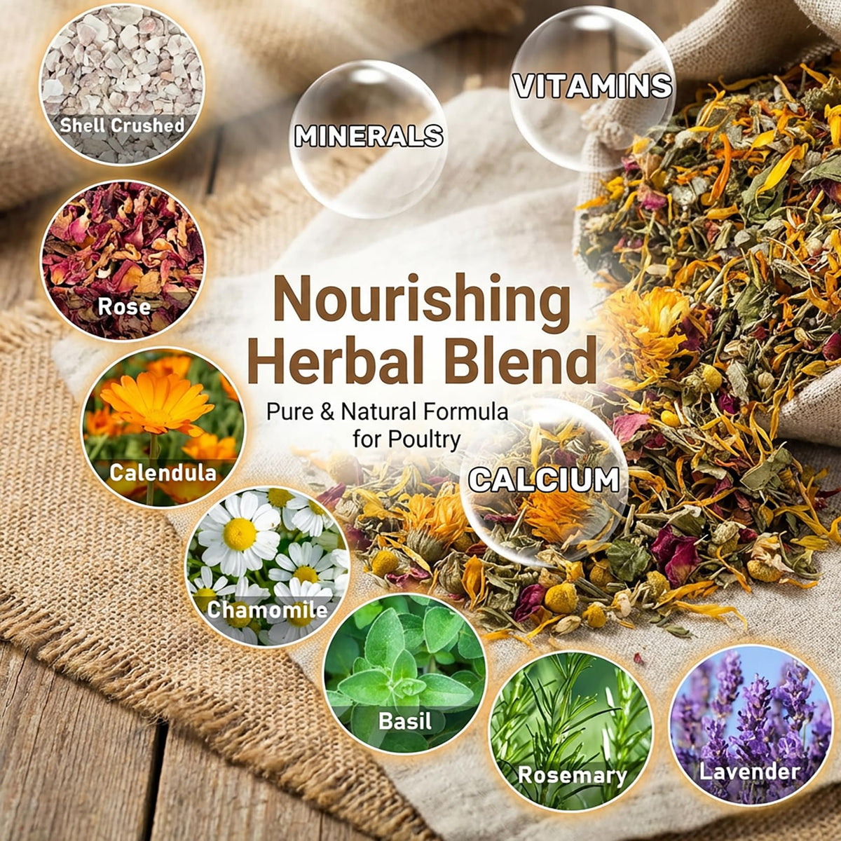 MaQIHAN dried herb blend for hens close-up, showing natural ingredients.