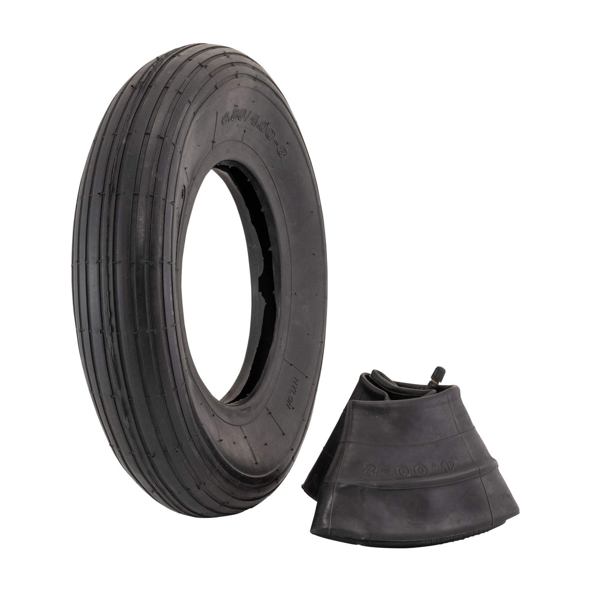 Marathon 4.80/4.00-8 ribbed tire front view supports light outdoor chores.