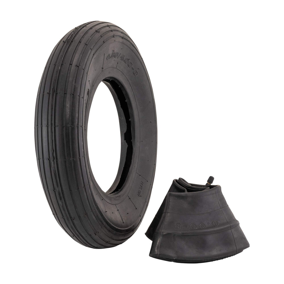 Marathon 4.80/4.00-8 ribbed tire front view supports light outdoor chores.