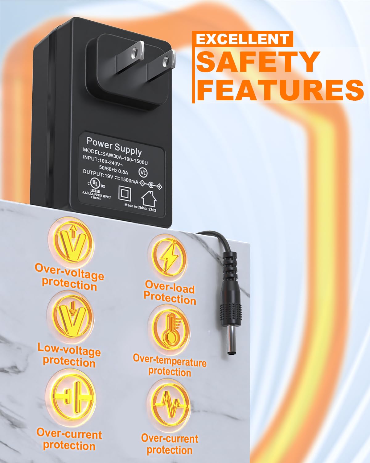 MARBERO 19V adapter compact size suits portable setups and limited power outlets.