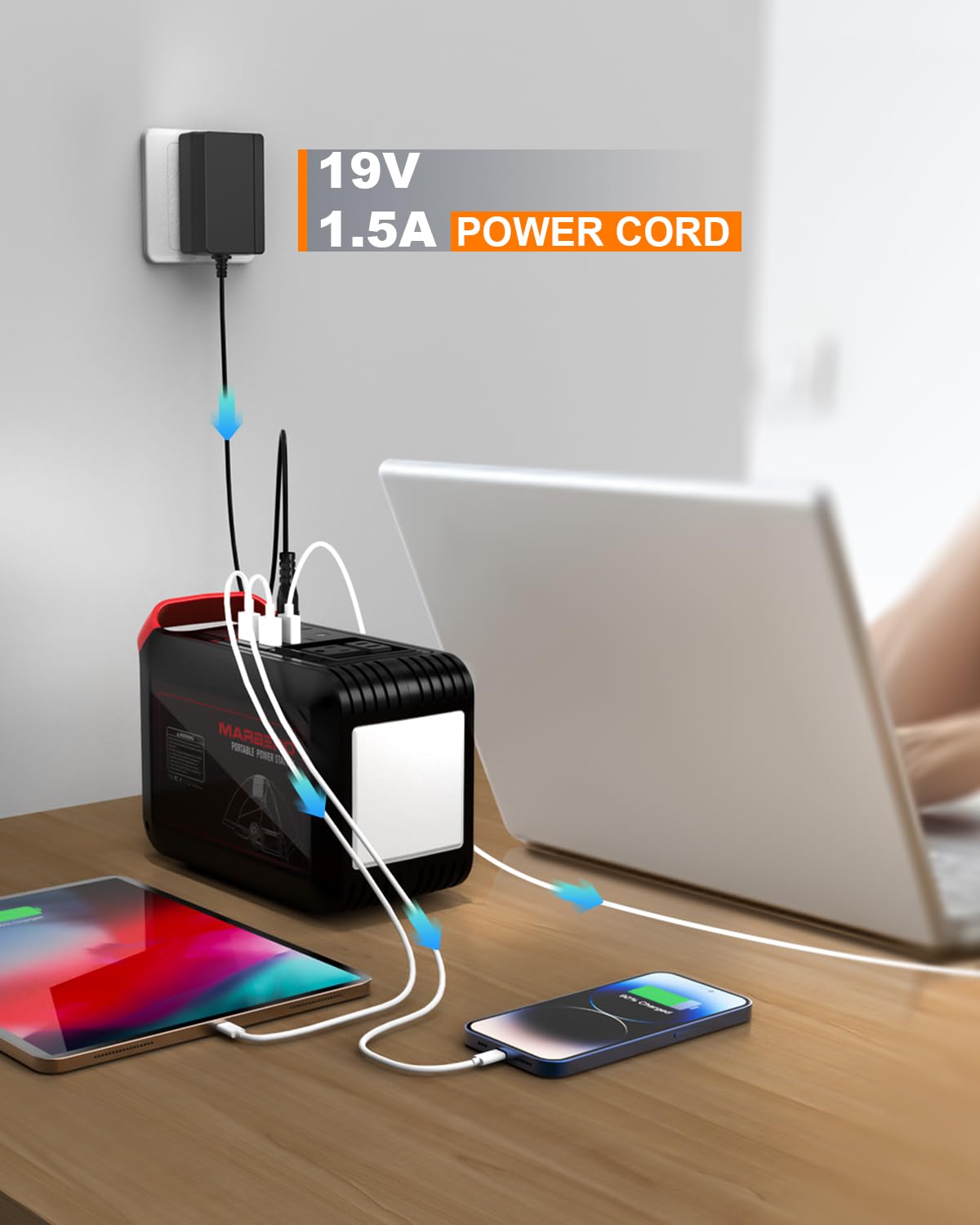 MARBERO 19V adapter safety features include over-current and short-circuit protections.