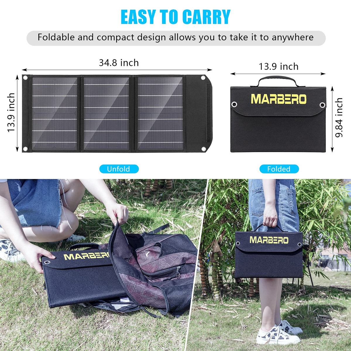 MARBERO 30W folding panel angled for optimal sunlight