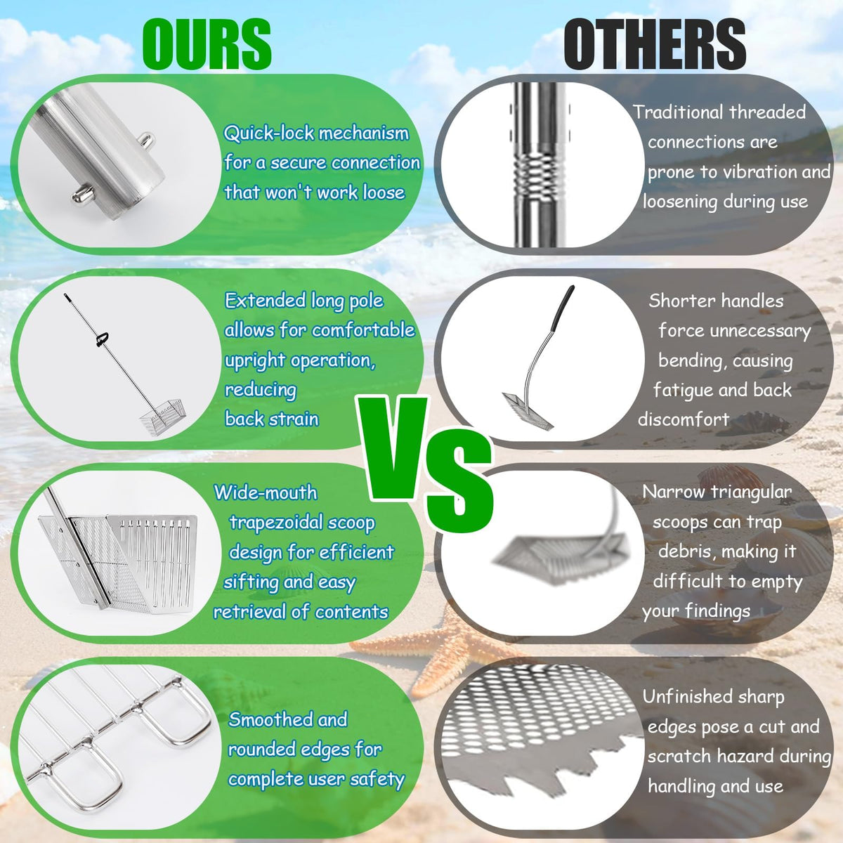 MarchingGreen multi-purpose beach tool suitable for shells and litter cleanup.