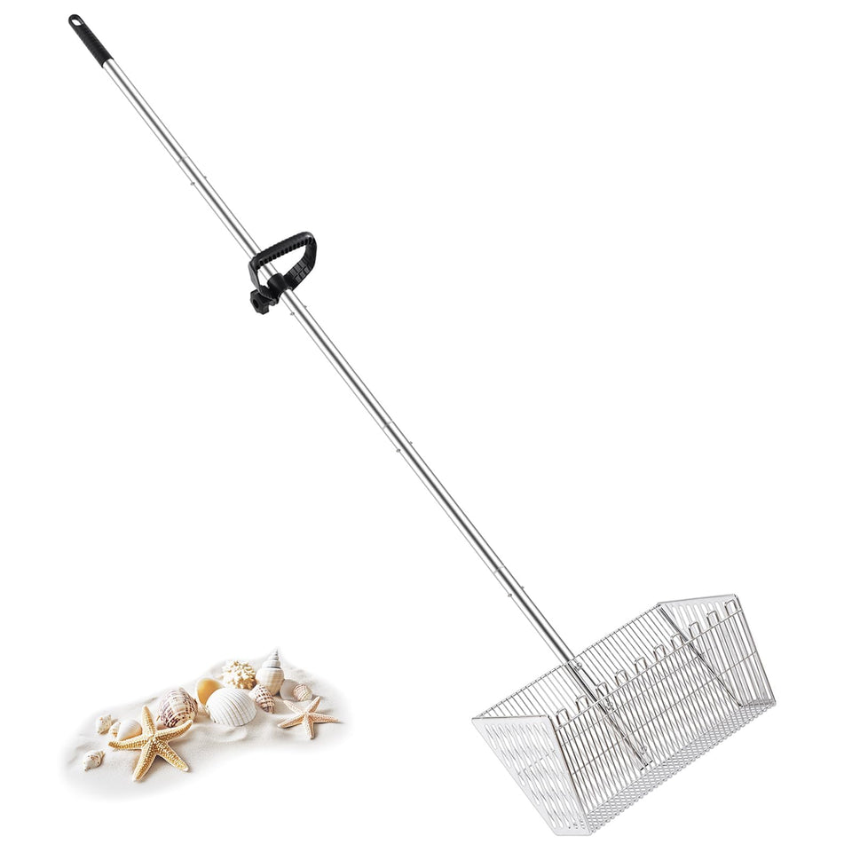 MarchingGreen sand flea rake with long 70in handle for easy beach cleanup.
