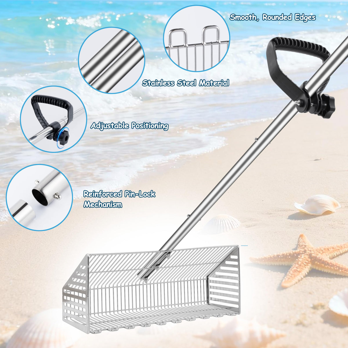 MarchingGreen stainless steel beach shovel highlighting corrosion resistance and durability.