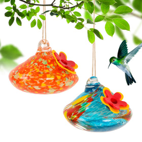 Marchrose blown glass hummingbird feeder full view enhances garden decor with sunlit color