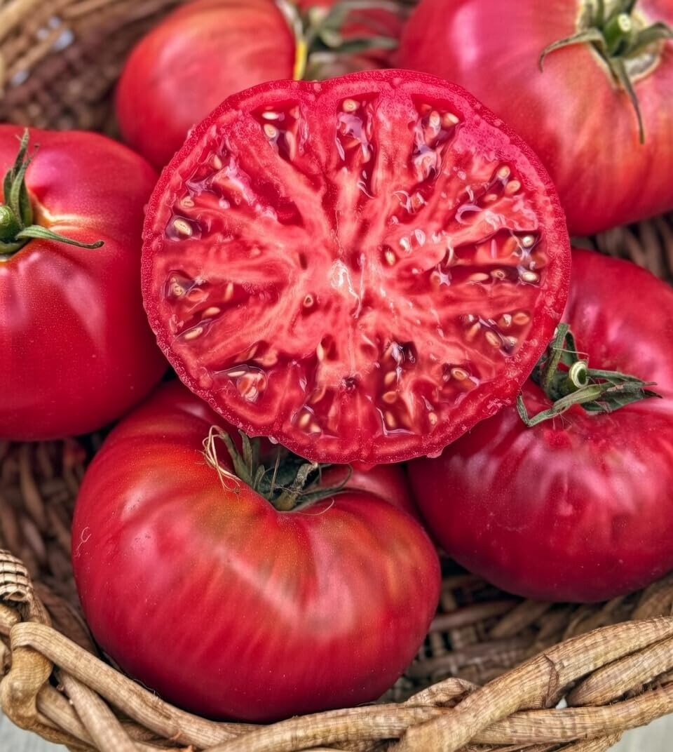 Marde Ross and Company Pink Ponderosa seed packet for flavorful heirloom tomatoes.