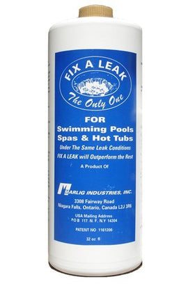 Marlig Fix-A-Leak bottle close-up showing pool and spa leak sealing.